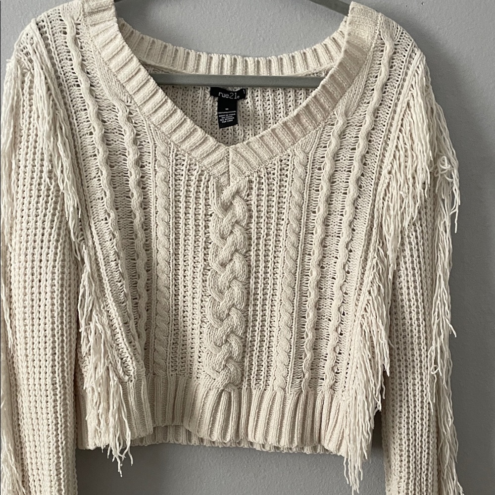Rue21 Cream Fringe V-Neck Sweater